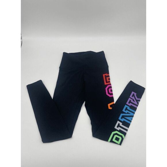PINK Victoria’s Secret Leggings Neon Logo on Side Sz XS Black - Picture 1 of 7